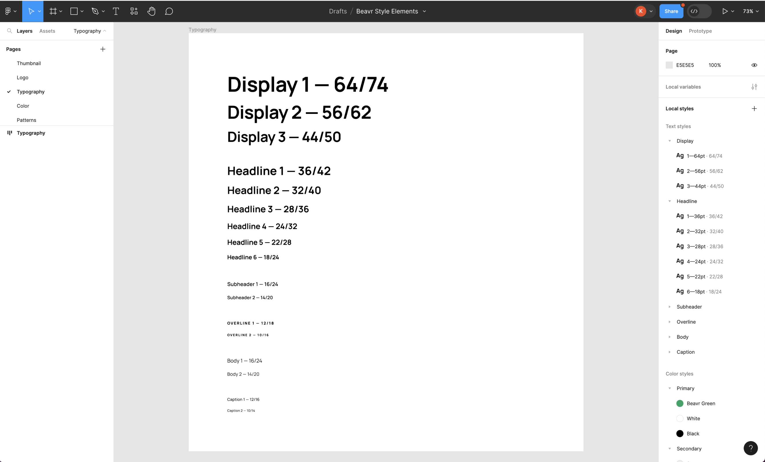 The typography section of the Figma deliverable corresponds to the rules laid out in the Style Guide. Beavr’s font set and color palette are setup as local styles, so designers can easily create consistent content.