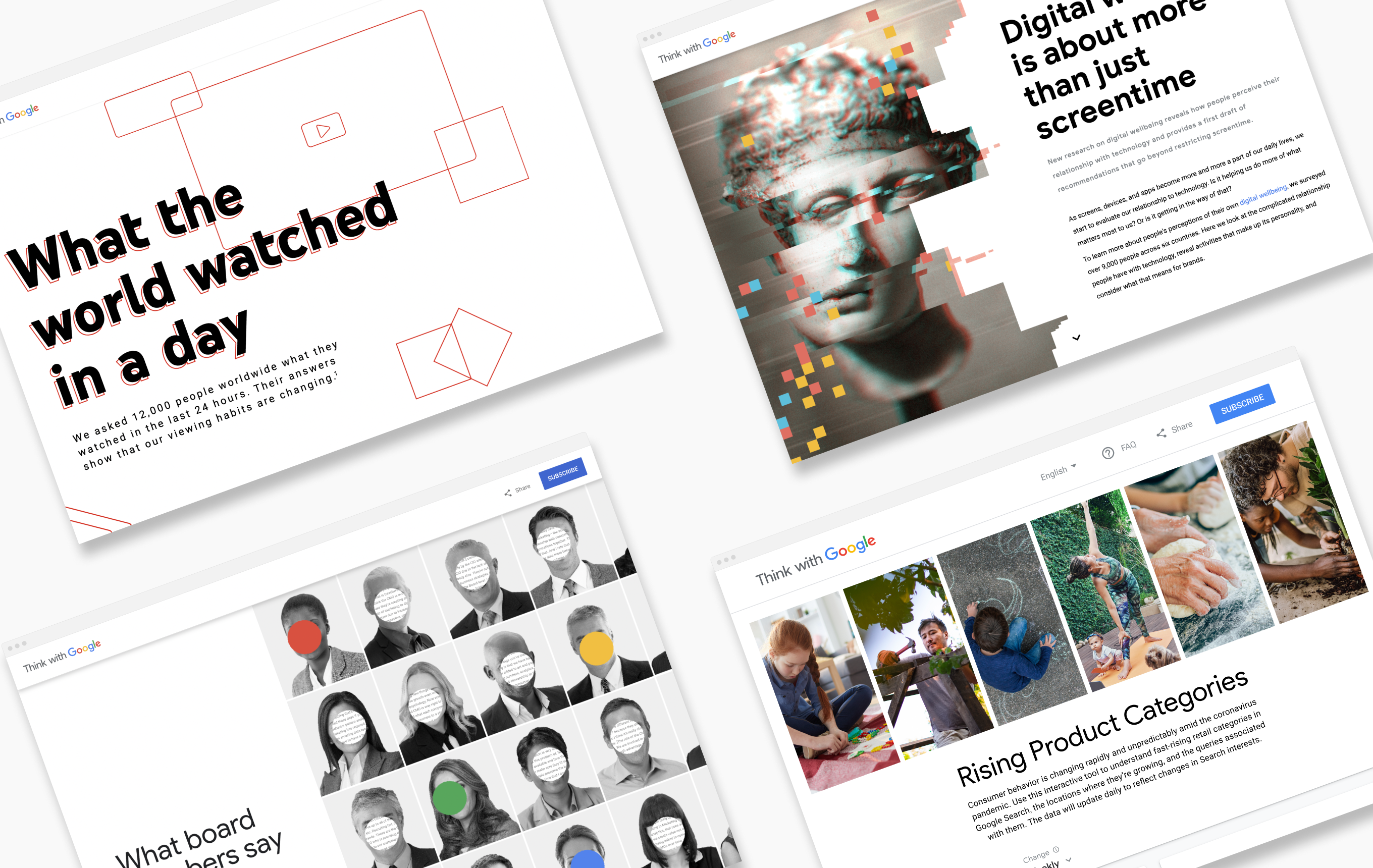 Landing pages from 4 different interactive articles and tools