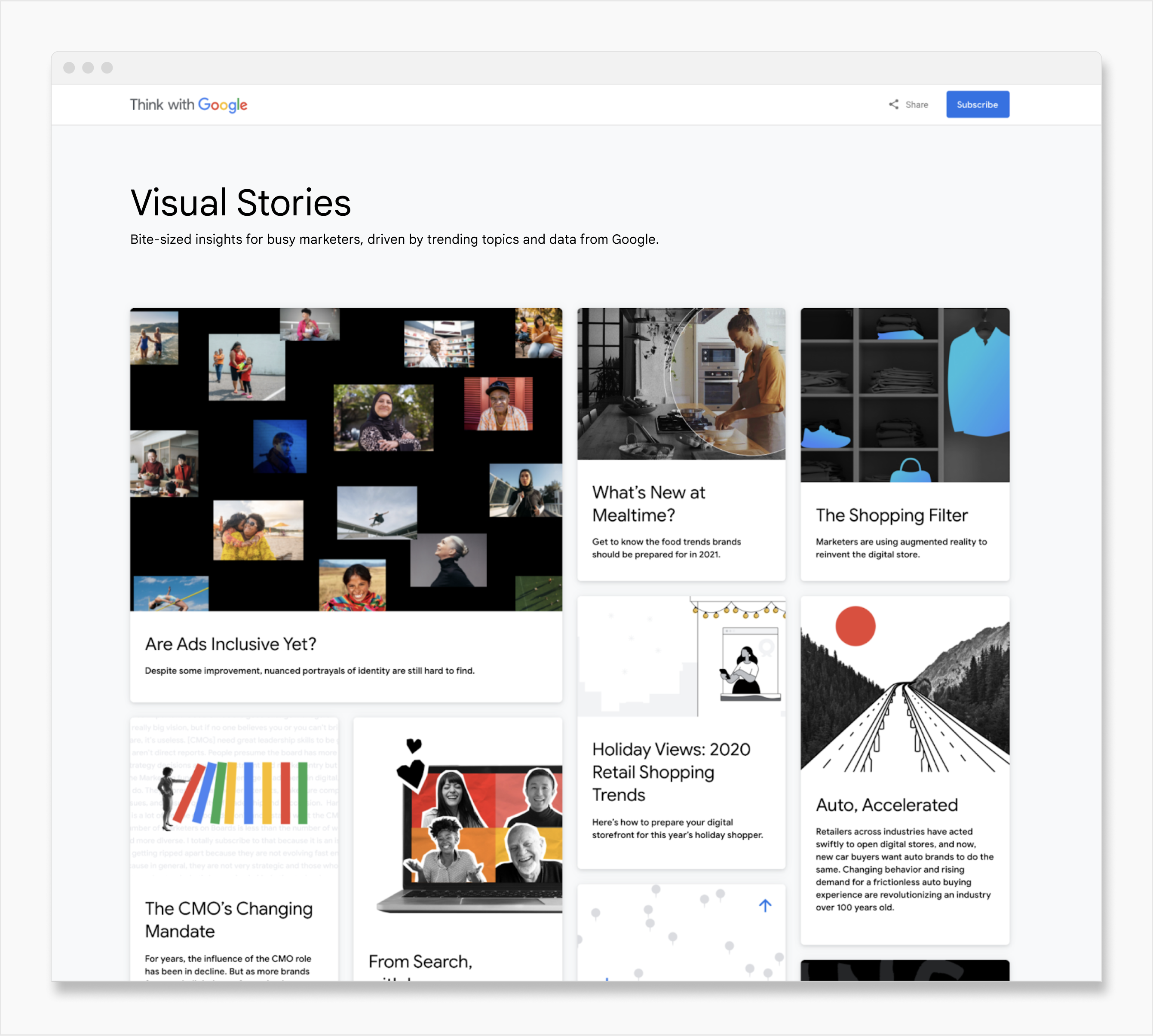 Visual Stories were originally available through a custom Think with Google product page, which we designed as a masonry-style board.