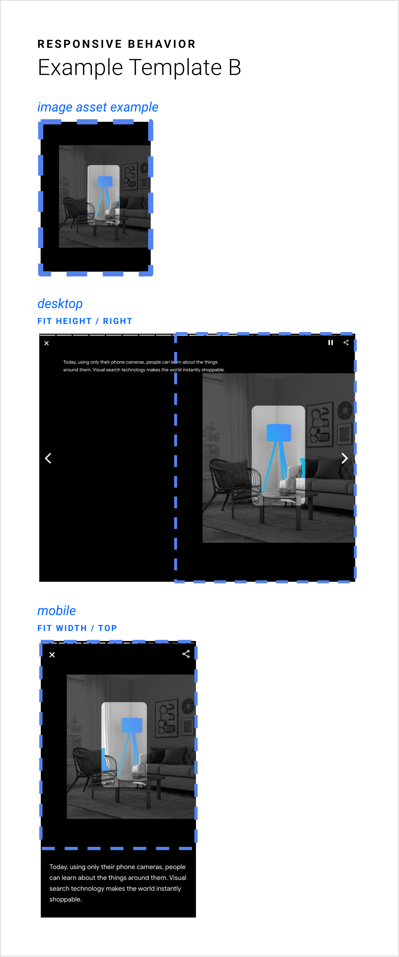 In this responsive template example, on larger screens, the image asset fits to the height of the screen and sticks to the right side. On smaller screens, the image fits to the width of the screen and sticks to the top.