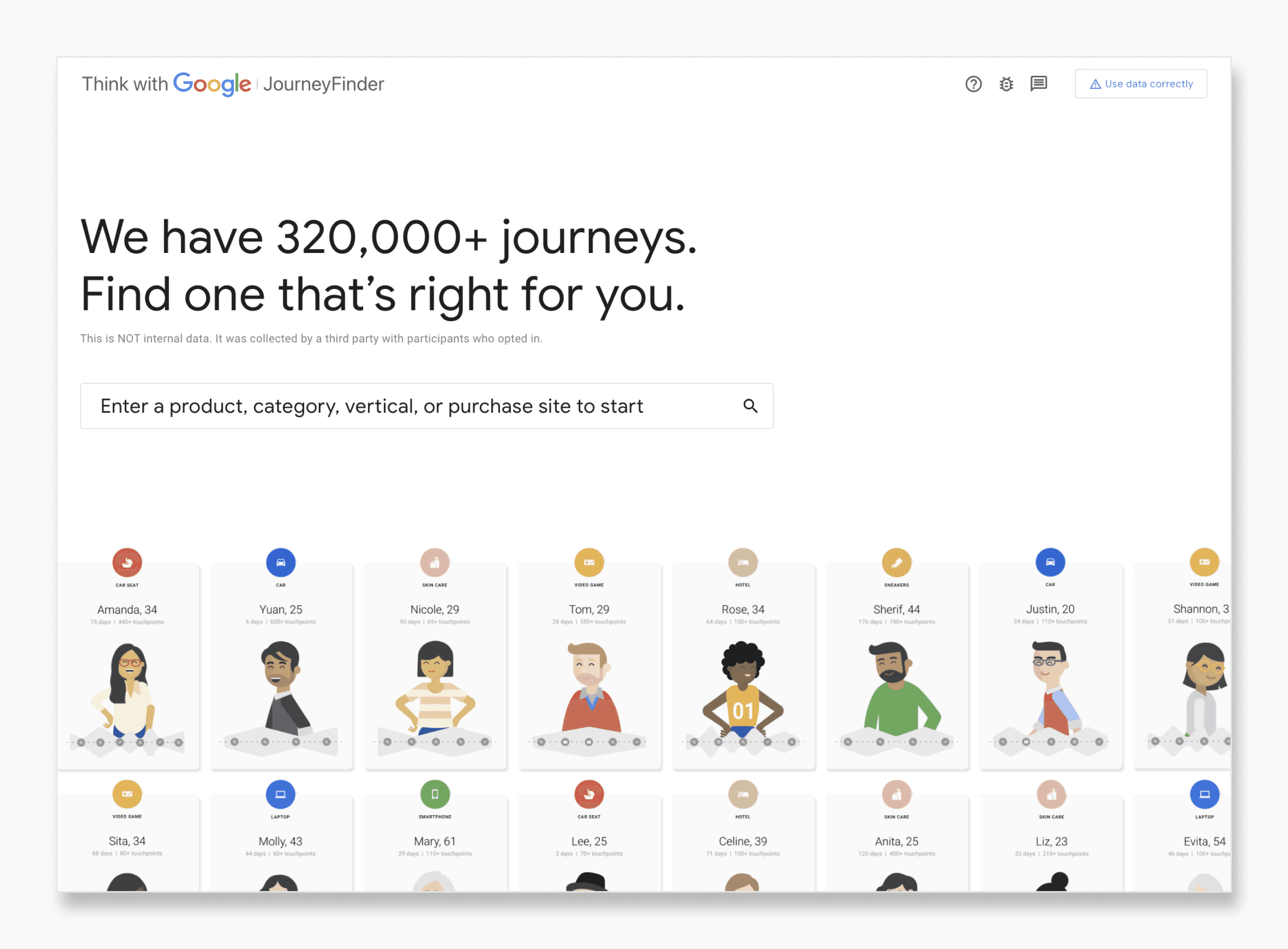 Users enter JourneyFinder here. On the landing page, users begin their search for customer journeys using the search bar.