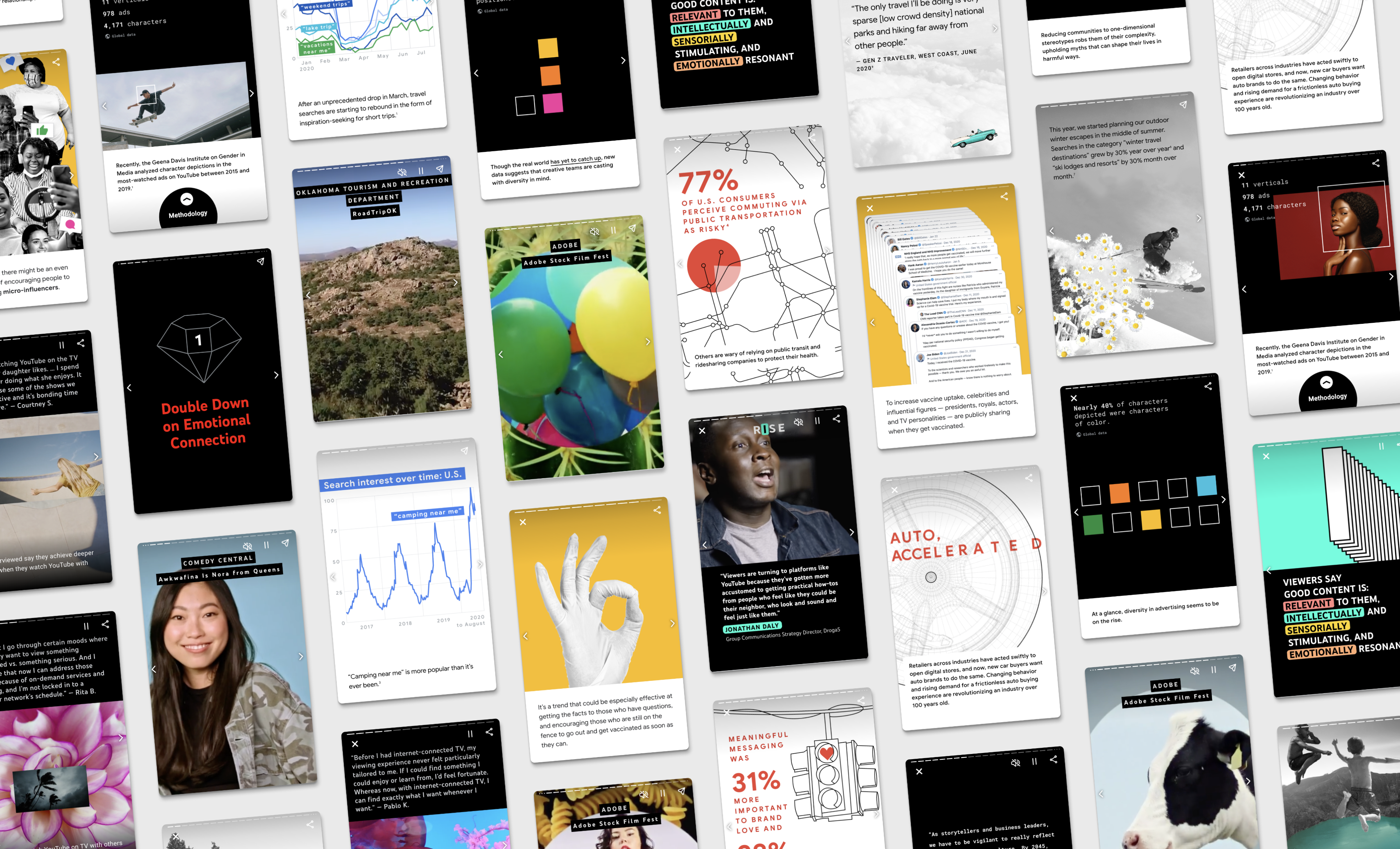 A collection of colorful, varied pages from different Visual Stories laid out in a patchwork formation